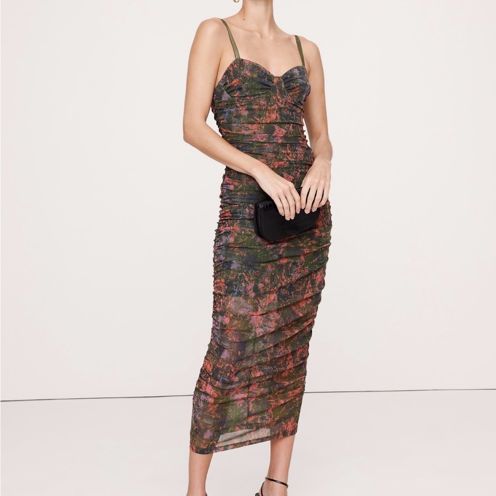 Banana Republic Multicolor Ruched Mesh Corset Midi Dress